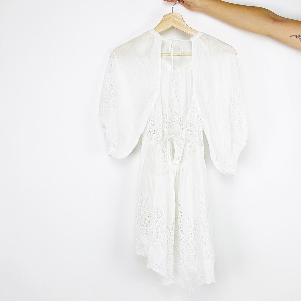 Free People White Eyelet Boho Flowy Balloon Sleeve Dress - Picture 3 of 8